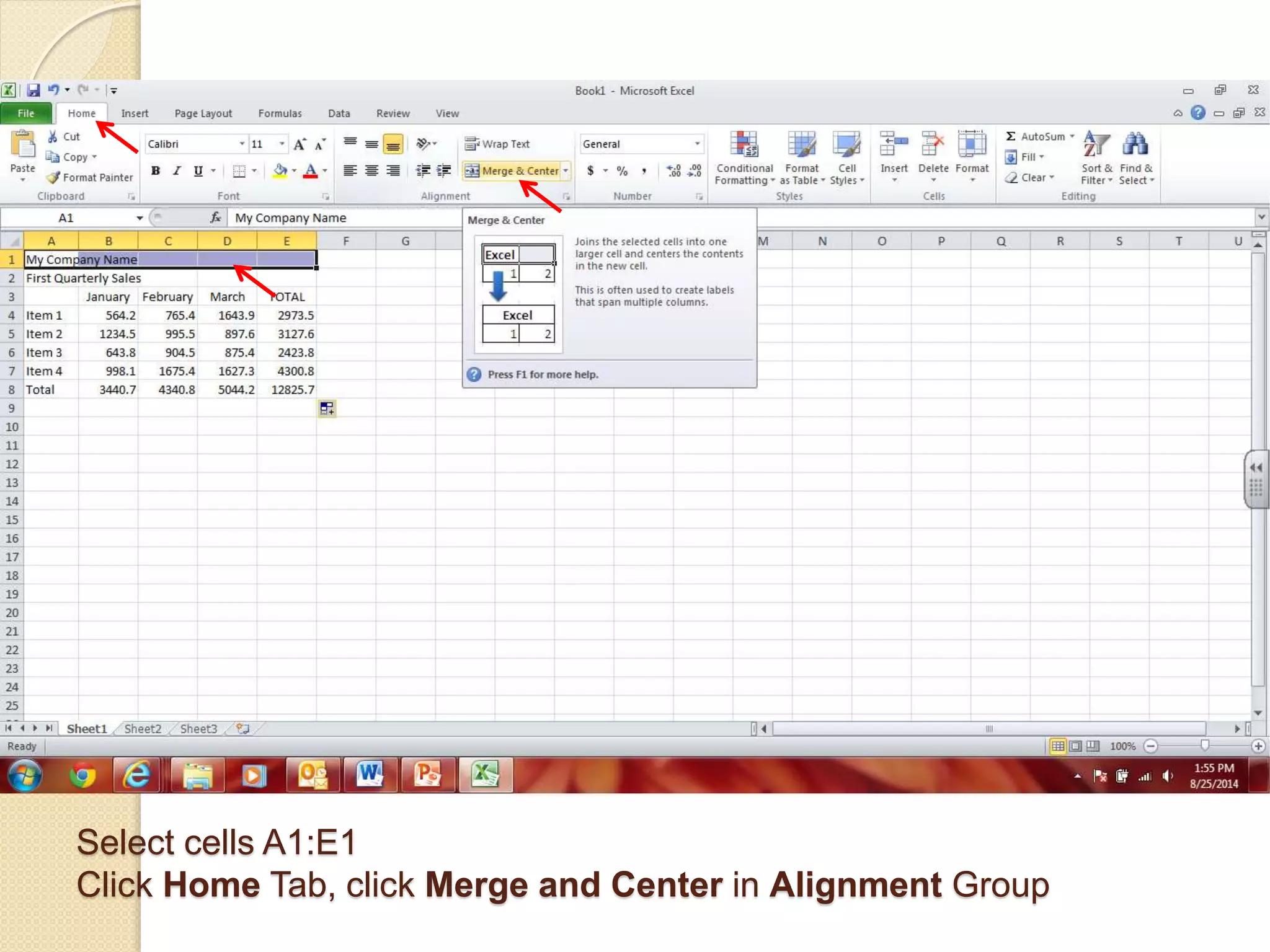 Select cells A1:E1
Click Home Tab, click Merge and Center in Alignment Group
 