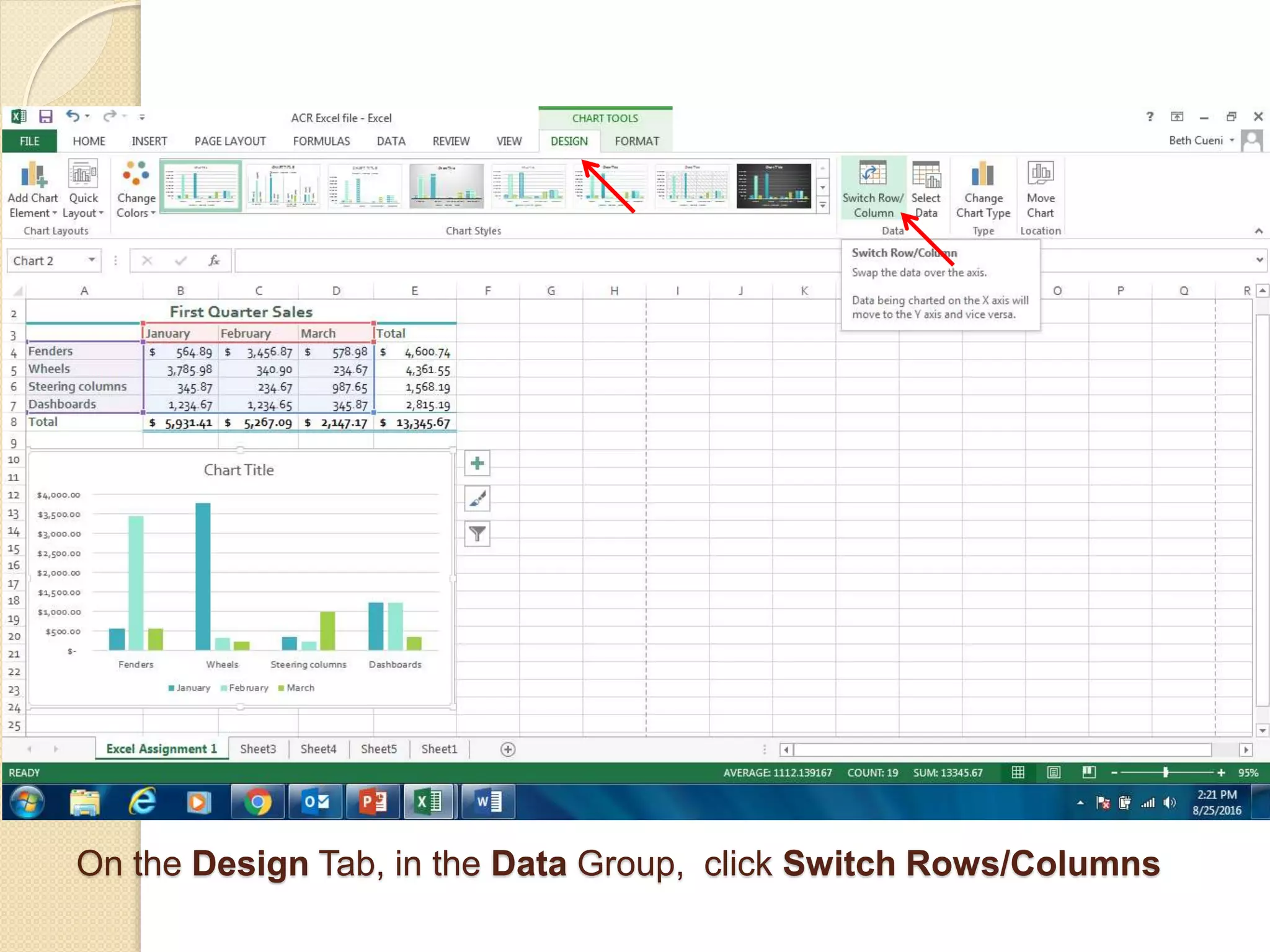 On the Design Tab, in the Data Group, click Switch Rows/Columns
 