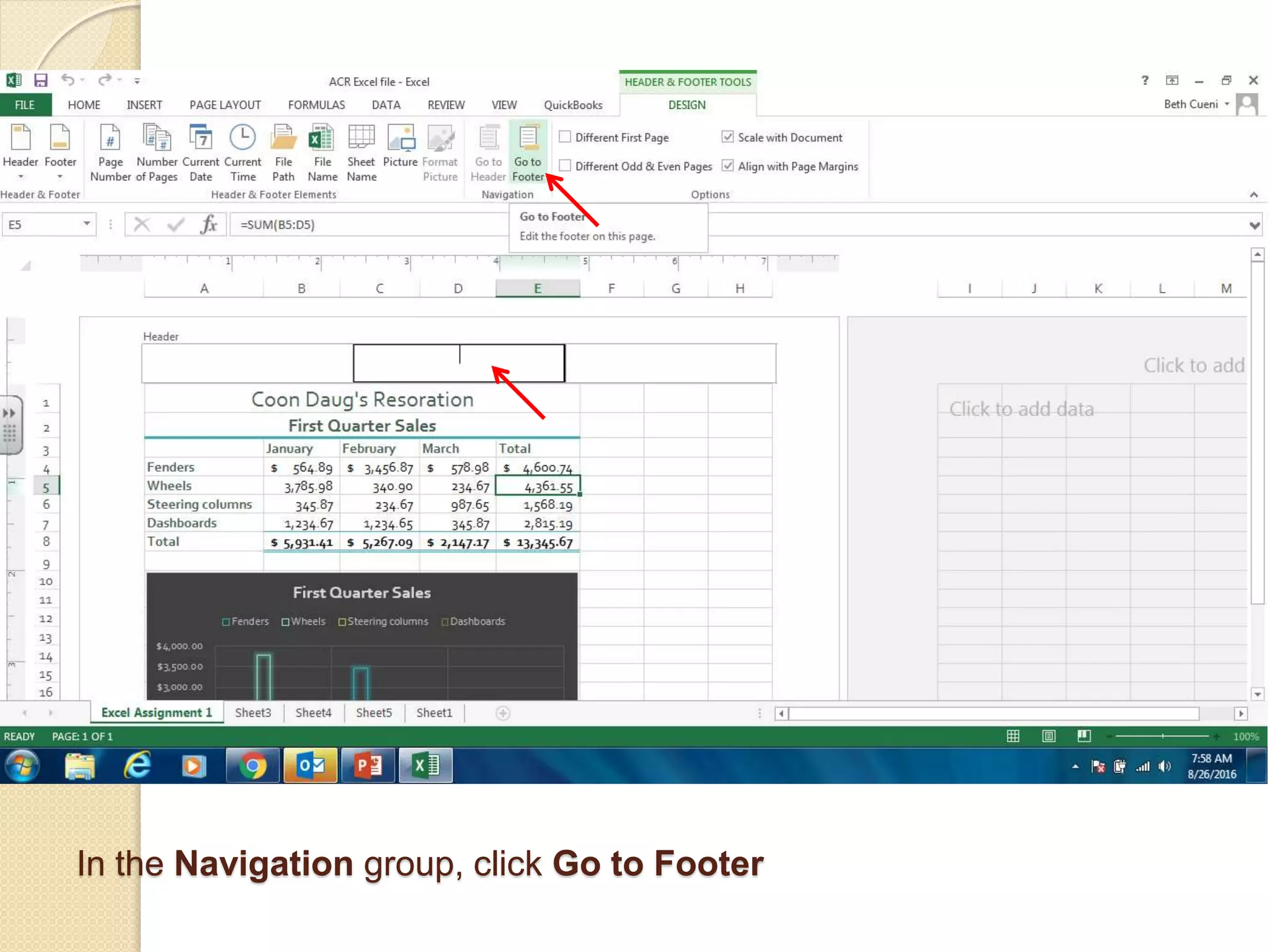 In the Navigation group, click Go to Footer
 