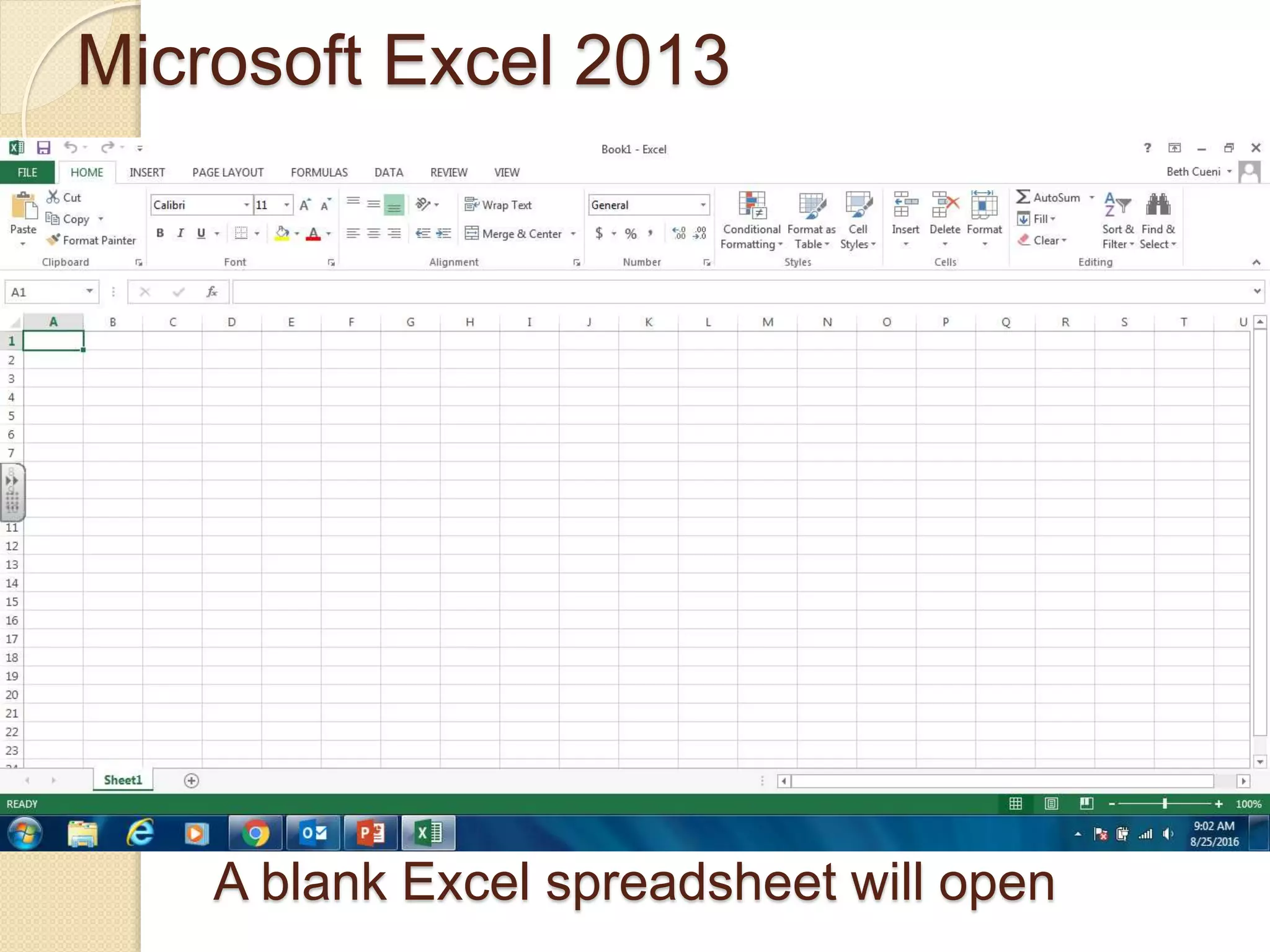 Microsoft Excel 2013
A blank Excel spreadsheet will open
 