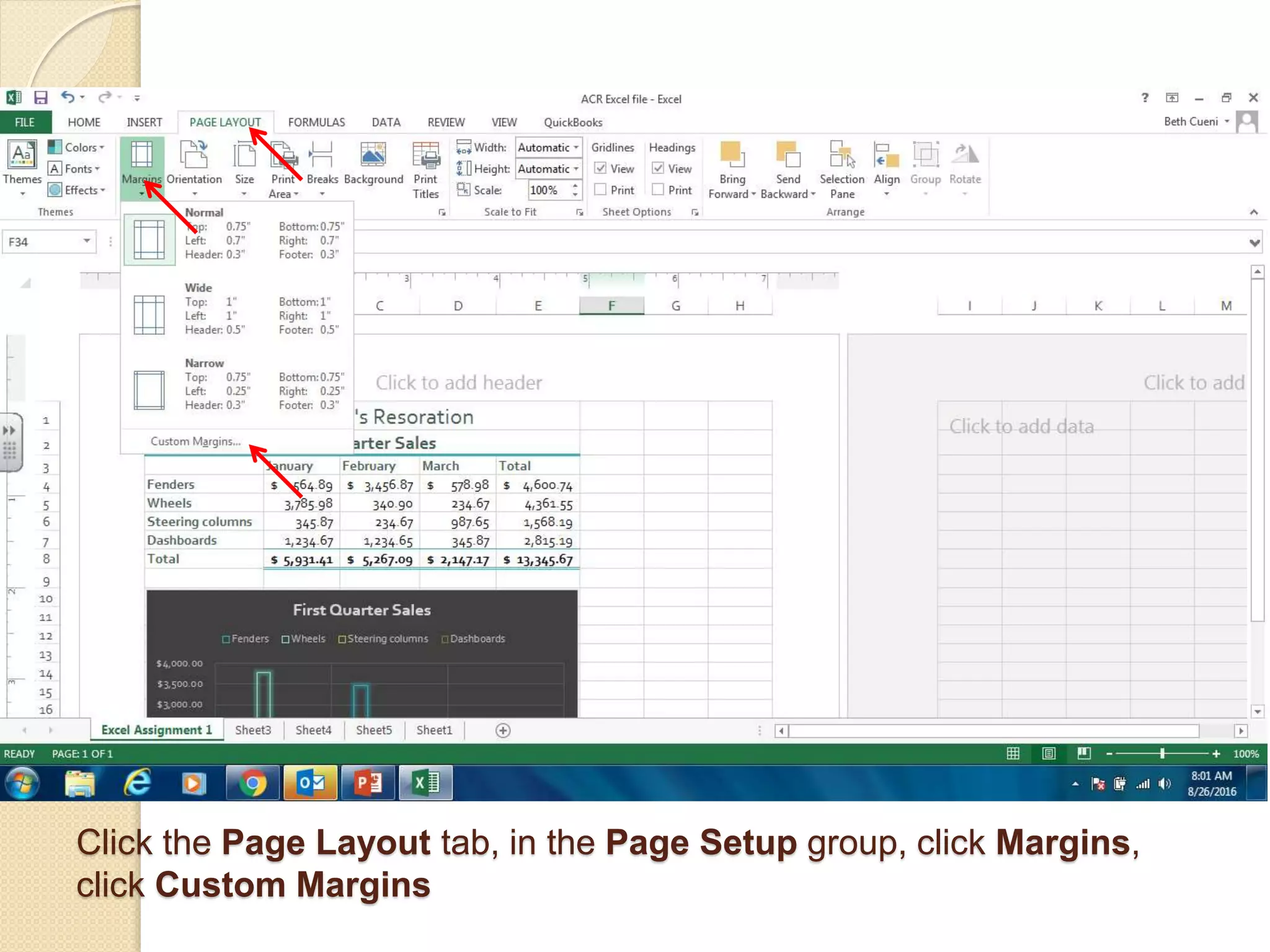 Click the Page Layout tab, in the Page Setup group, click Margins,
click Custom Margins
 