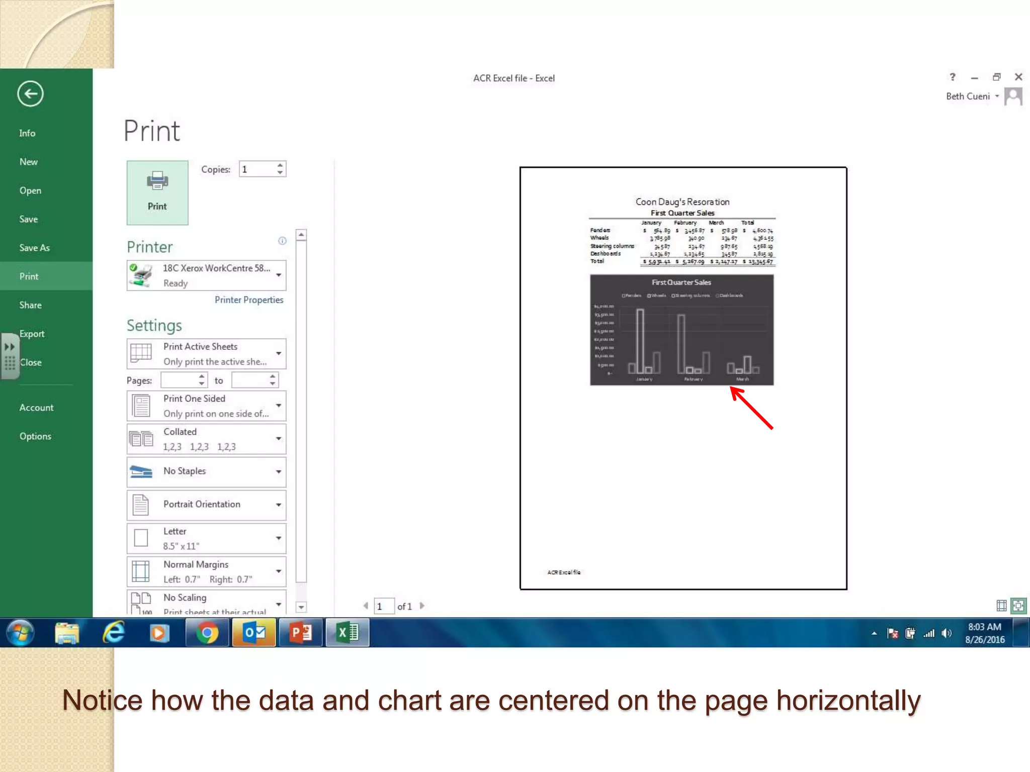 Notice how the data and chart are centered on the page horizontally
 