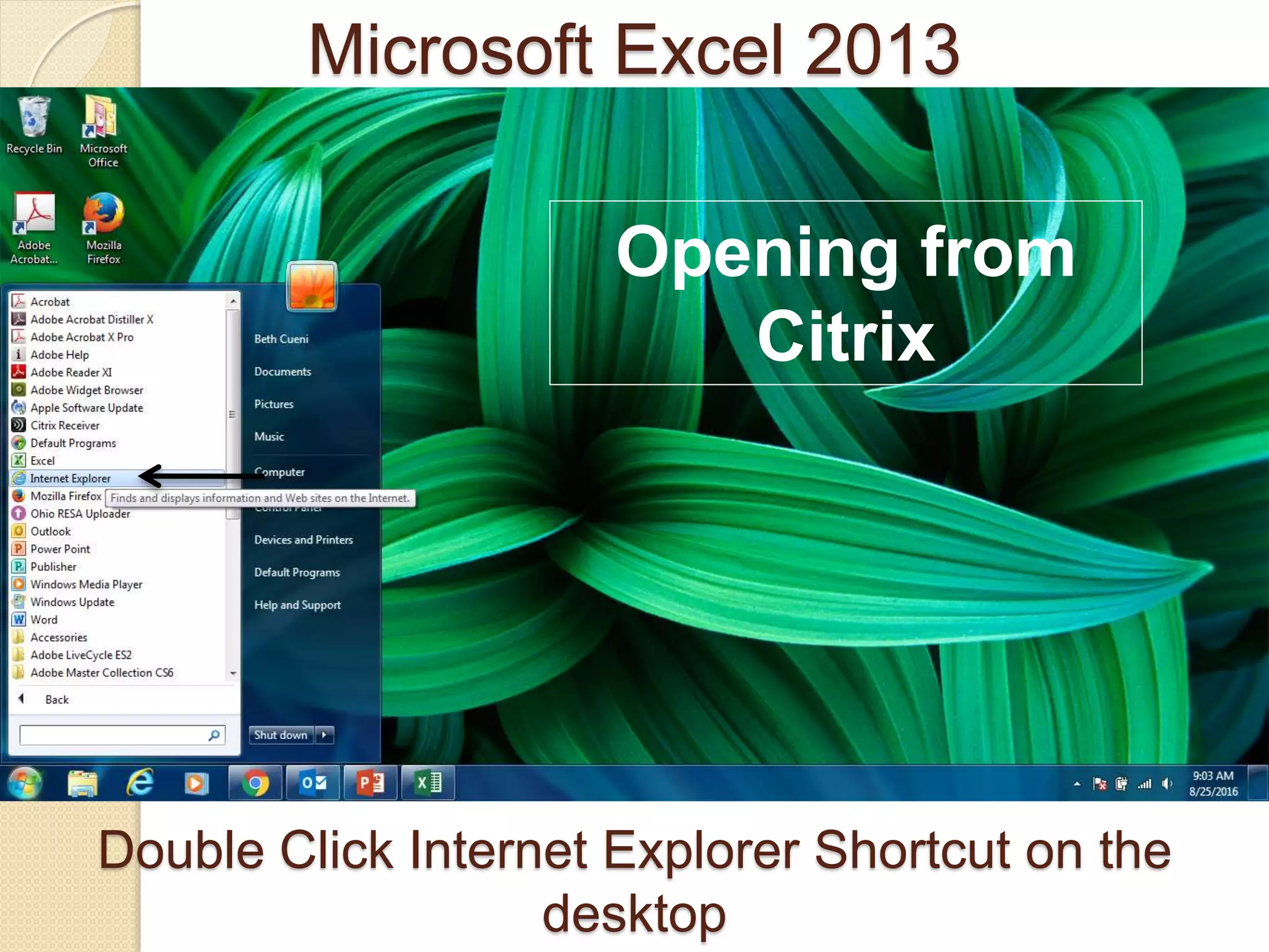 Double Click Internet Explorer Shortcut on the
desktop
Microsoft Excel 2013
Opening from
Citrix
 