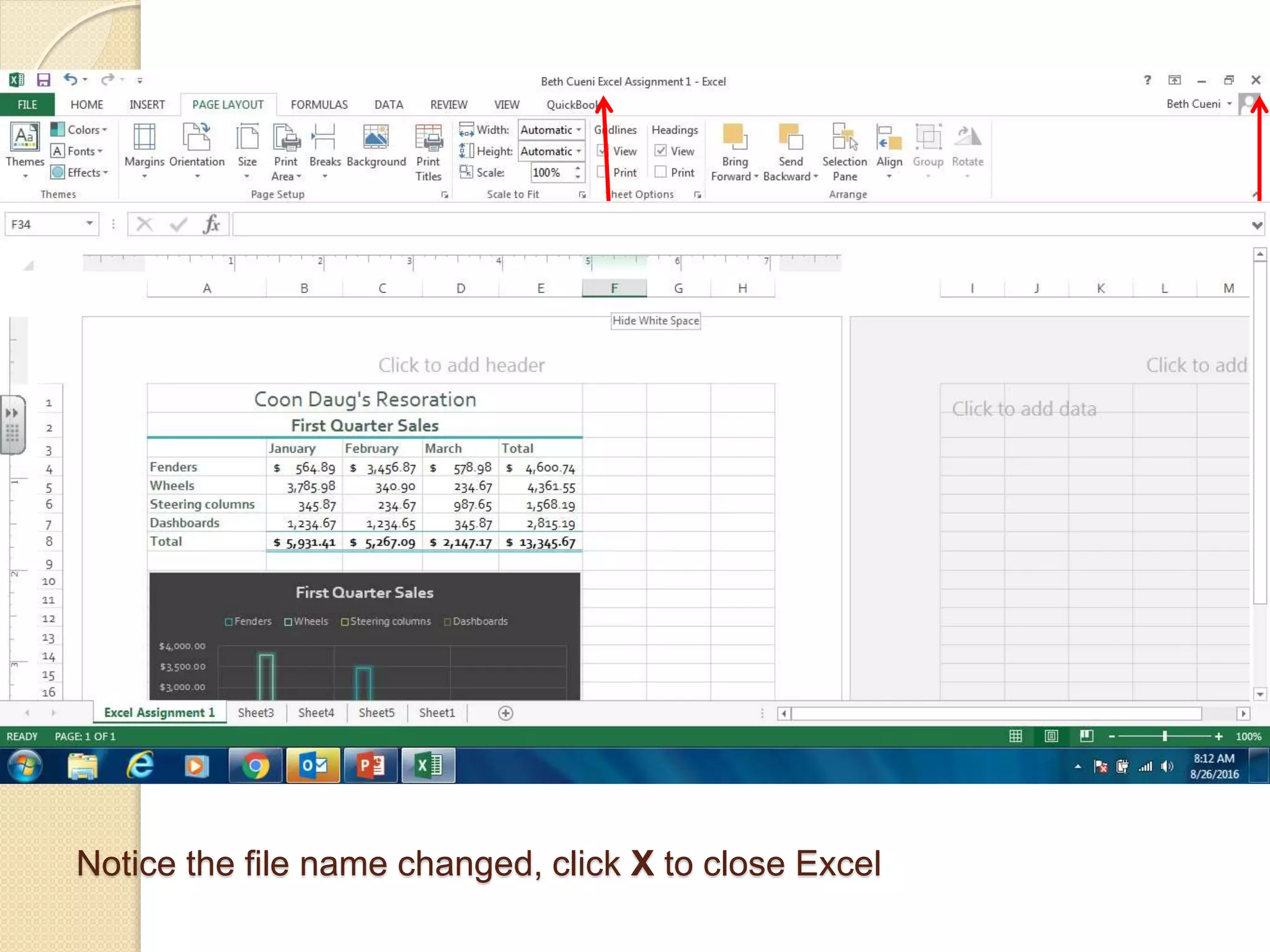 Notice the file name changed, click X to close Excel
 
