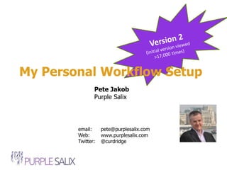 Be More Productive by Design
A peek inside my personal productivity setup
Pete Jakob, Purple Salix
email: pete@purplesalix.com
Web: www.purplesalix.com
Twitter: @curdridge
 