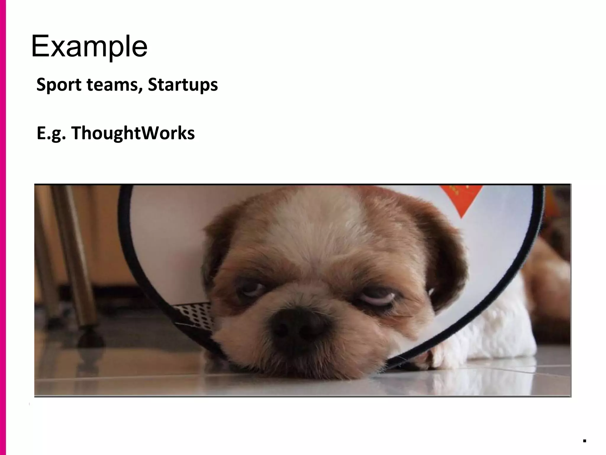 Example
.
Sport teams, Startups
E.g. ThoughtWorks
 