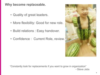 Why become replaceable.
.
• Quality of great leaders.
• More flexibility: Good for new role.
• Build relations : Easy handover.
• Confidence : Current Role, review.
“Constantly look for replacements if you want to grow in organization”
- Steve Jobs
 