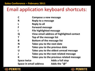 Sales Conference – February 2011

 Email application keyboard shortcuts:
          C           Compose a new message
          R           Reply to a message
          L           Reply to all
          F           Forward message
          I           File highlighted message
          Q           View email address of highlighted contact
          T           Top of the message list
          B           Bottom of the message list
          N           Takes you to the next date
          P           Takes you to the previous date
          U           Takes you to the oldest unread message
          J           Takes you to the next related message
          K           Takes you to the previous related message
          Space twice                  Adds a full stop
          Space in email address       Adds the “@”
 