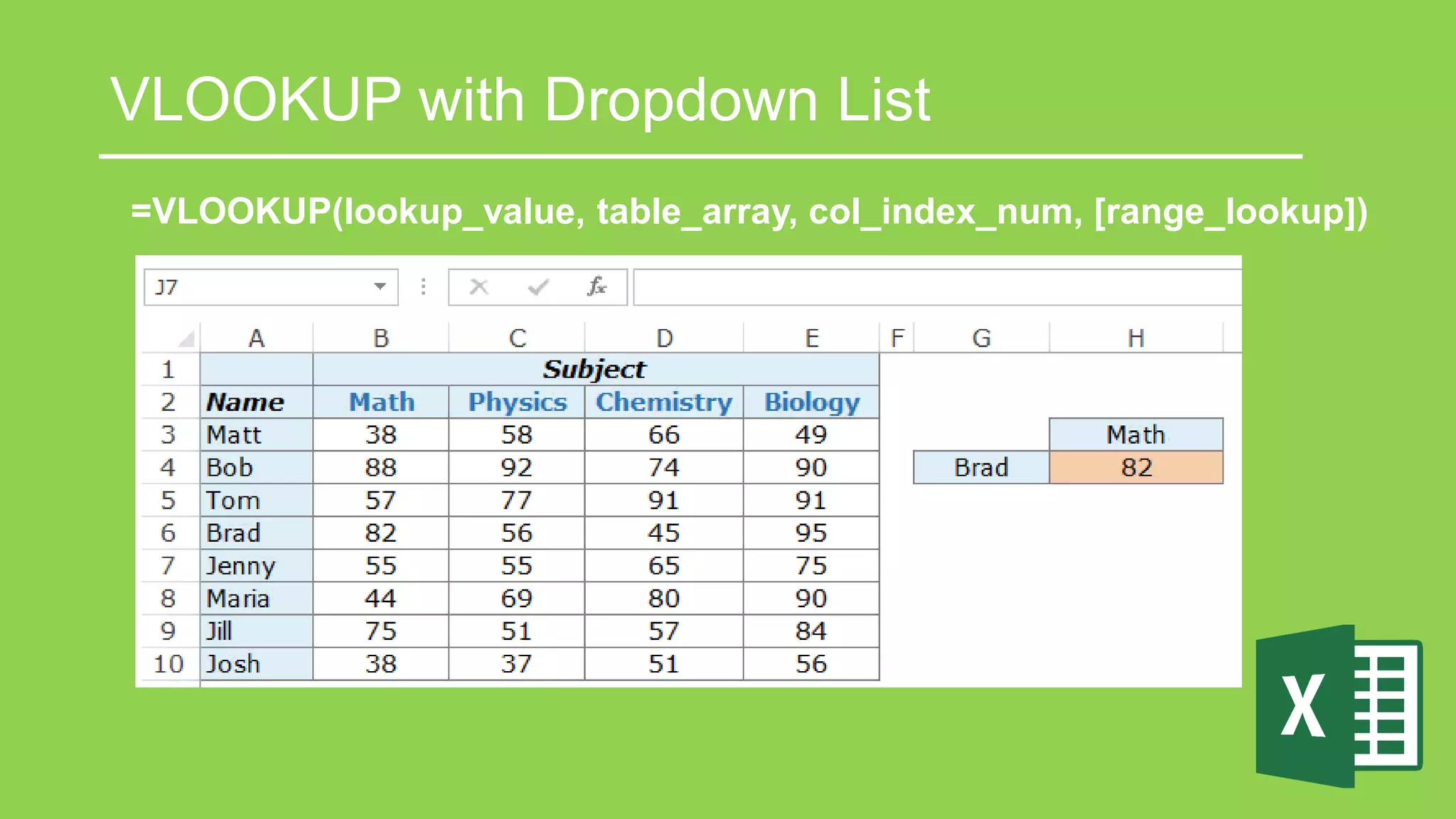 =VLOOKUP(lookup_value, table_array, col_index_num, [range_lookup])
VLOOKUP with Dropdown List
 