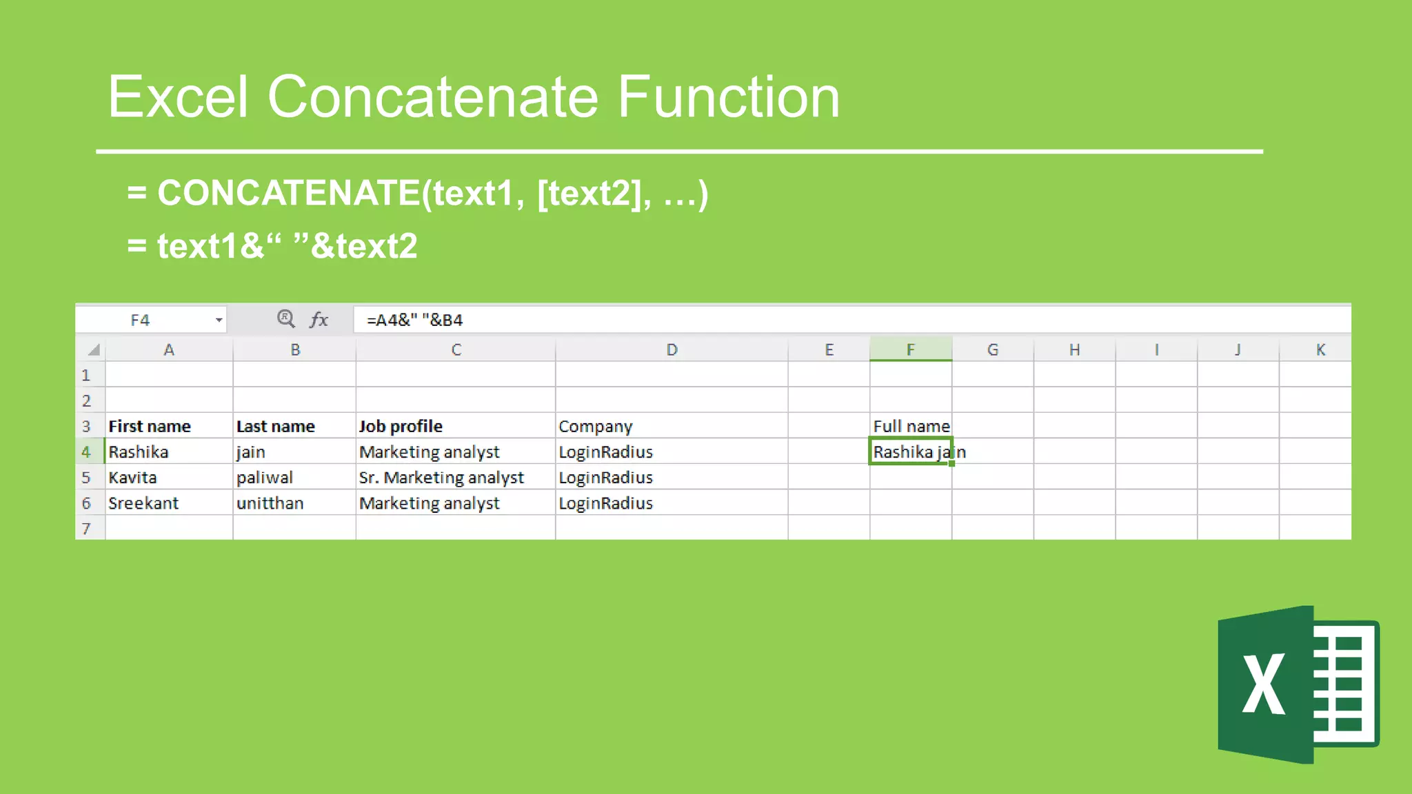 = CONCATENATE(text1, [text2], …)
= text1&“ ”&text2
Excel Concatenate Function
 