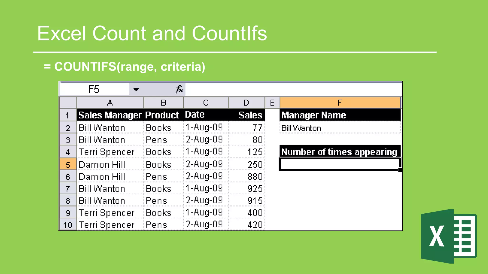 = COUNTIFS(range, criteria)
Excel Count and CountIfs
 
