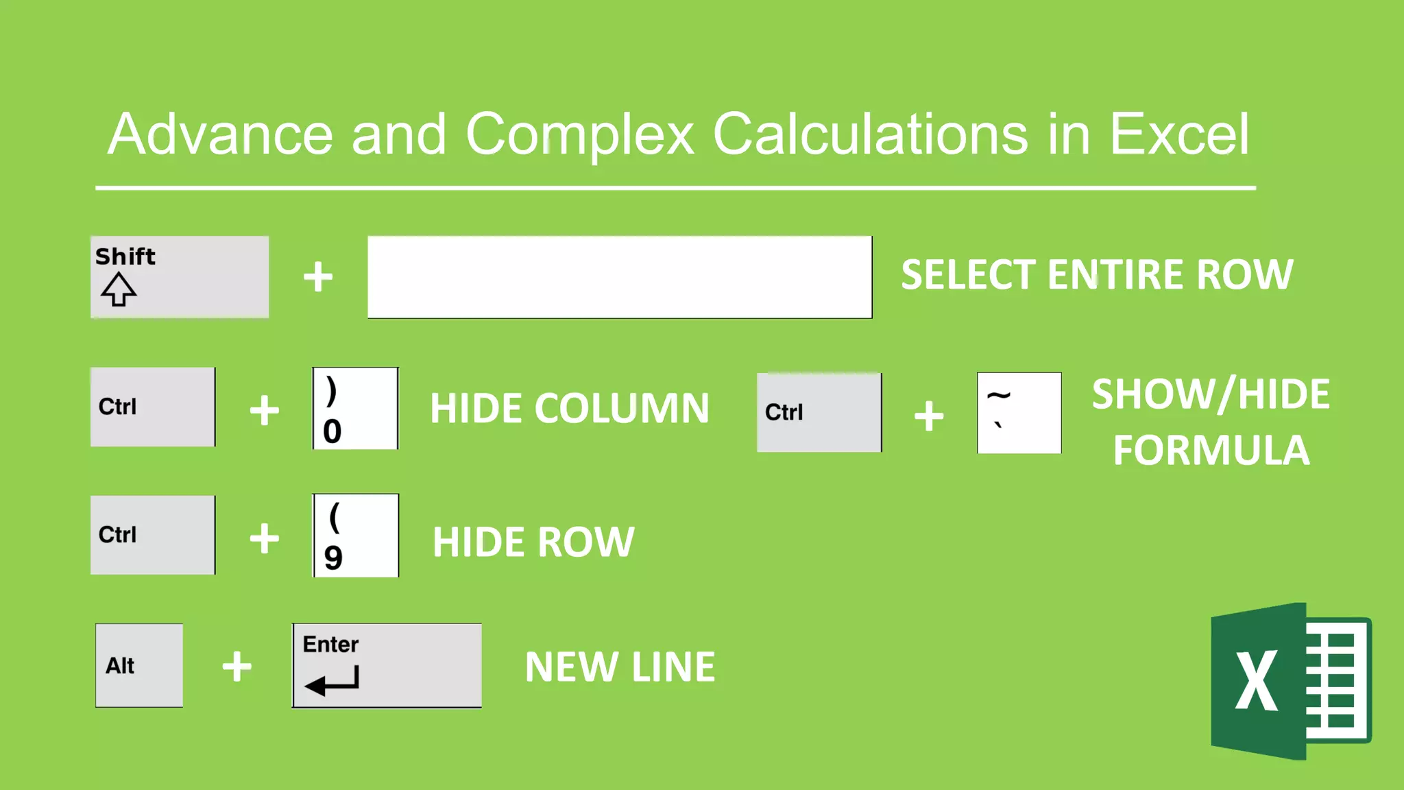 Advance and Complex Calculations in Excel
+ SELECT ENTIRE ROW
+ HIDE COLUMN
+ HIDE ROW
+ NEW LINE
+ SHOW/HIDE
FORMULA
 