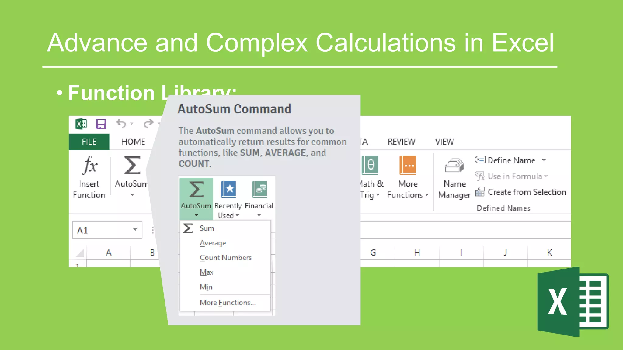 Advance and Complex Calculations in Excel
• Function Library:
 