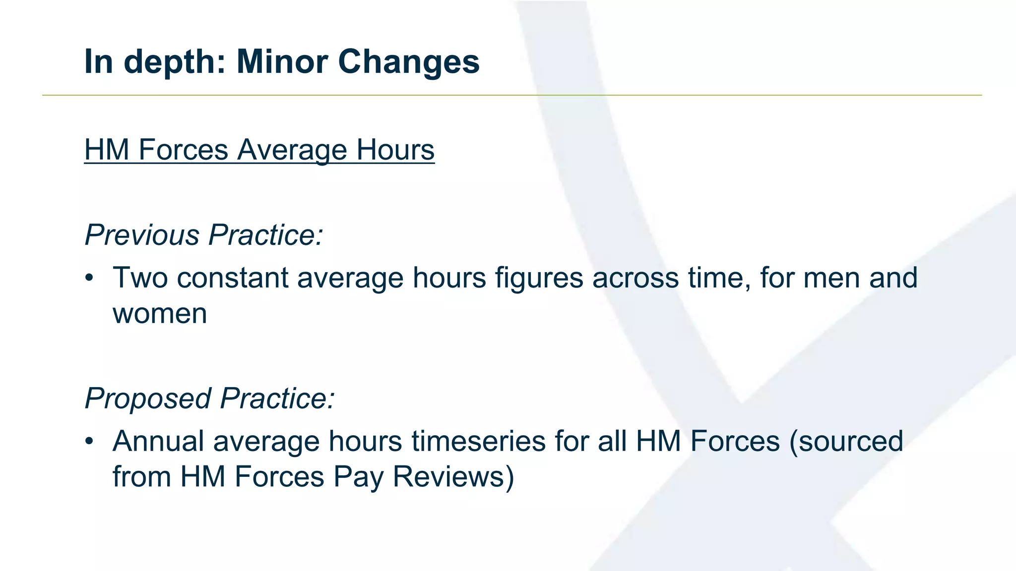 In depth: Minor Changes
HM Forces Average Hours
Previous Practice:
• Two constant average hours figures across time, for men and
women
Proposed Practice:
• Annual average hours timeseries for all HM Forces (sourced
from HM Forces Pay Reviews)
 