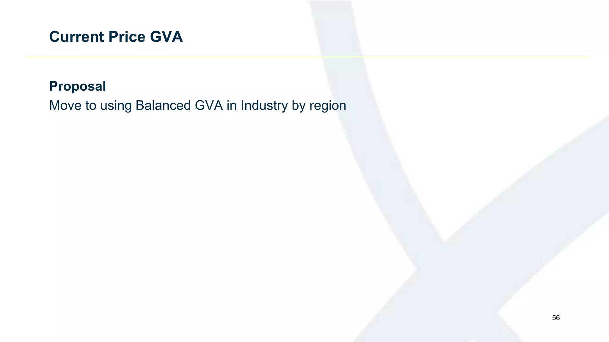 Current Price GVA
Proposal
Move to using Balanced GVA in Industry by region
56
 