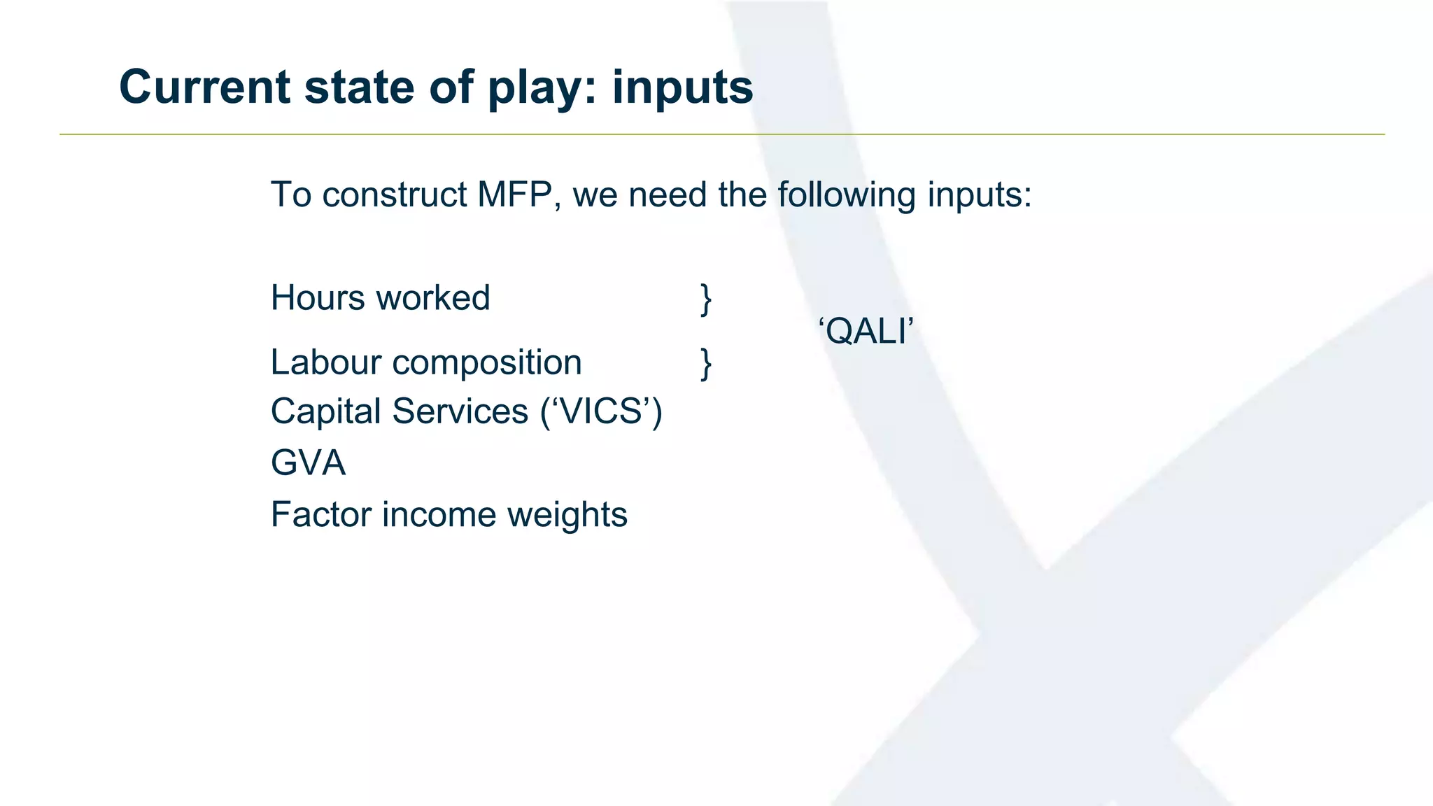 Current state of play: inputs
To construct MFP, we need the following inputs:
Hours worked }
‘QALI’
Labour composition }
Capital Services (‘VICS’)
GVA
Factor income weights
 