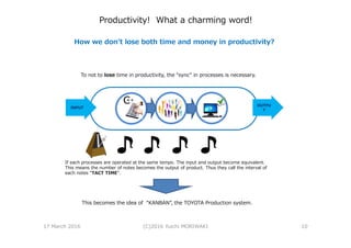 Productivity! What a charming word!
How we don’t lose both time and money in productivity?
To not to lose time in productivity, the “sync” in processes is necessary.
If each processes are operated at the same tempo. The input and output become equivalent.
This means the number of notes becomes the output of product. Thus they call the interval of
each notes “TACT TIME”.
INPUT
OUTPU
T
This becomes the idea of “KANBAN”, the TOYOTA Production system.
17 March 2016 (C)2016 Yuichi MORIWAKI 10
 