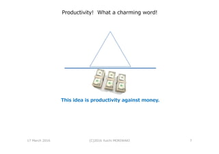Productivity! What a charming word!
This idea is productivity against money.
17 March 2016 (C)2016 Yuichi MORIWAKI 7
 