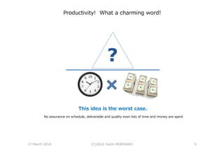 Productivity! What a charming word!
This idea is the worst case.
No assurance on schedule, deliverable and quality even lots of time and money are spent
17 March 2016 (C)2016 Yuichi MORIWAKI 9
 