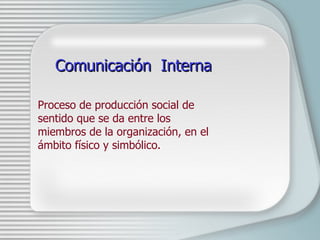 Comunicación  Interna   Proceso de producción social de sentido que se da entre los miembros de la organización, en el ámbito físico y simbólico.   