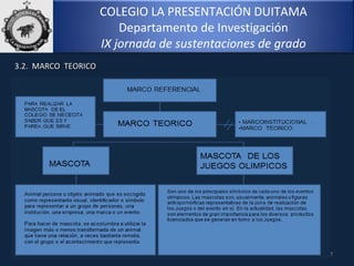 7
COLEGIO LA PRESENTACIÓN DUITAMA
Departamento de Investigación
IX jornada de sustentaciones de grado
3.2. MARCO TEORICO3.2. MARCO TEORICO
 