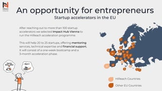 An opportunity for entrepreneurs
Startup accelerators in the EU
HiReach Countries
Other EU Countries
After reaching out to more than 100 startup
accelerators we selected Impact Hub Vienna to
run the HiReach acceleration programme.
This will help 20 to 25 startups, offering mentoring
services, technical expertise and ﬁnancial support.
It will consist of a one-week bootcamp and a
3-month acceleration phase.
 