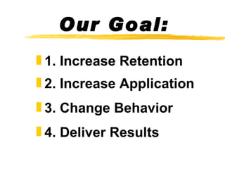 Our Goal: 1. Increase Retention 2. Increase Application 3. Change Behavior 4. Deliver Results 