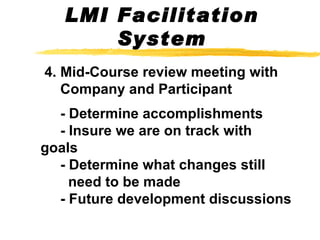 4. Mid-Course review meeting with    Company and Participant   - Determine accomplishments    - Insure we are on track with goals    - Determine what changes still    need to be made    - Future development discussions LMI Facilitation System 