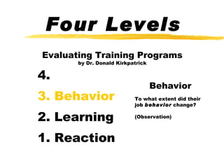 Four Levels Evaluating Training Programs by Dr. Donald Kirkpatrick 4. 3. Behavior 2. Learning 1. Reaction Behavior To what extent did their job  behavior  change? (Observation) 