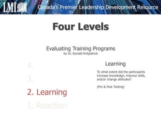 4.
3.
2. Learning
1. Reaction
Learning
To what extent did the participants
increase knowledge, improve skills,
and/or change attitudes?
(Pre & Post Testing)
Evaluating Training Programs
by Dr. Donald Kirkpatrick
Four Levels
 