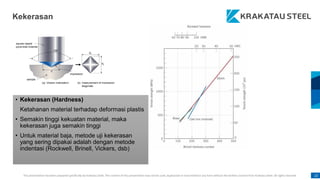 This presentation has been prepared specifically by Krakatau Steel. The content of this presentation may not be used, duplicated or transmitted in any form without the written consent from Krakatau Steel. All rights reserved. 22
• Kekerasan (Hardness)
Ketahanan material terhadap deformasi plastis
• Semakin tinggi kekuatan material, maka
kekerasan juga semakin tinggi
• Untuk material baja, metode uji kekerasan
yang sering dipakai adalah dengan metode
indentasi (Rockwell, Brinell, Vickers, dsb)
Kekerasan
 