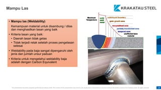 This presentation has been prepared specifically by Krakatau Steel. The content of this presentation may not be used, duplicated or transmitted in any form without the written consent from Krakatau Steel. All rights reserved. 24
• Mampu las (Weldability)
Kemampuan material untuk disambung / dilas
dan menghasilkan lasan yang baik
• Kriteria lasan yang baik:
• Daerah lasan tidak getas
• Tidak terjadi retak setelah proses pengelasan
selesai
• Weldability pada baja sangat dipengaruhi oleh
jenis dan jumlah unsur paduan
• Kriteria untuk mengetahui weldability baja
adalah dengan Carbon Equivalent
Mampu Las
 
