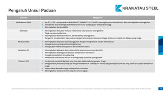 This presentation has been prepared specifically by Krakatau Steel. The content of this presentation may not be used, duplicated or transmitted in any form without the written consent from Krakatau Steel. All rights reserved. 35
Elemen Pengaruh
Molibdenum (Mo)  Mo 0.2 – 5% : pembentuk karbida (Mo2C, Fe4Mo2C, Fe21MoC6; mencegah pertumbuhan butir dan meningkatkan ketangguhan
 Karbida Mo akan meningkatkan ketahanan mulur (creep) pada temperatur tinggi
 Meningkatkan hardenability
Nikel (Ni)  Meningkatkan kekuatan melalui mekanisme solid solution strengthenin
 Tidak membentuk karbida
 Meningkatkan ketahanan korosi, hardenability, ketangguhan
 Dengan Cr menghasilkan baja paduan dengan kemampuan kekerasan tinggi, ketahanan impak dan fatigue yang tinggi
Niobium (Nb)  Meningkatkan kekuatan dan ketangguhan dengan menghambat proses rekristalisasi
 Sebagai elemen precipitation strengthening
 Sebagai grain refiner (mengontrol pertumbuhan butir)
Vanadium (V)  Meningkatkan kekuatan dan hardenability tanpa menurunkan ductility
 Meningkatkan ketangguhan (impact temperature transition)
 Sebagai precipitation strengthening
 Pembentuk karbida dan nitrida  mengurangi austenite grain growth
Titanium (Ti)  Pembentuk presipitat karbida yang kuat dan stabil pada temperatur tinggi
 Menghambat pertumbuhan butir dengan membentuk karbida dan nitrida yang terdispersi merata yang tidak larut pada temperatur
tinggi
 Menurunkan kecenderungan intergranular corrosion
 Meningkatkan ketahanan terhadap fenomena aging
Pengaruh Unsur Paduan
 