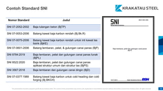 This presentation has been prepared specifically by Krakatau Steel. The content of this presentation may not be used, duplicated or transmitted in any form without the written consent from Krakatau Steel. All rights reserved. 45
Nomor Standard Judul
SNI 07-2052-2002 Baja tulangan beton (BjTP)
SNI 07-0053-2006 Batang kawat baja karbon rendah (Bj Bk.R)
SNI 07-0075-2006 Batang kawat baja karbon rendah untuk inti kawat las
listrik (BjKE)
SNI 07-0601-2006 Batang lembaran, pelat, & gulungan canai panas (BjP)
SNI 8784:2019 Baja lembaran, pelat dan gulungan canai panas lunak
(BjPL)
SNI 8522:2020 Baja lembaran, pelat dan gulungan canai panas
aplikasi struktur umum dan struktur las (BjPS)
SNI 3567:2018 Baja lembaran dan gulungan canai dingin (BjD)
SNI 07-0377:1989 Batang kawat baja karbon untuk cold heading dan cold
forging (Bj BKCH)
Contoh Standard SNI
 