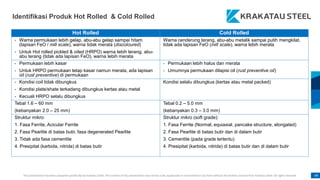 This presentation has been prepared specifically by Krakatau Steel. The content of this presentation may not be used, duplicated or transmitted in any form without the written consent from Krakatau Steel. All rights reserved. 49
Identifikasi Produk Hot Rolled & Cold Rolled
Hot Rolled Cold Rolled
 Warna permukaan lebih gelap, abu-abu gelap sampai hitam
(lapisan FeO / mill scale), warna tidak merata (discoloured)
 Untuk Hot rolled pickled & oiled (HRPO) warna lebih terang, abu-
abu terang (tidak ada lapisan FeO), warna lebih merata
Warna cenderung terang, abu-abu metalik sampai putih mengkilat,
tidak ada lapisan FeO (mill scale), warna lebih merata
 Permukaan lebih kasar
 Untuk HRPO permukaan tetap kasar namun merata, ada lapisan
oil (rust preventive) di permukaan
 Permukaan lebih halus dan merata
 Umumnya permukaan dilapisi oil (rust preventive oil)
 Kondisi coil tidak dibungkus
 Kondisi plate/shate terkadang dibungkus kertas atau metal
 Kecuali HRPO selalu dibungkus
Kondisi selalu dibungkus (kertas atau metal packed)
Tebal 1.6 – 60 mm
(kebanyakan 2.0 – 25 mm)
Tebal 0.2 – 5.0 mm
(kebanyakan 0.3 – 3.0 mm)
Struktur mikro:
1. Fasa Ferrite, Acicular Ferrite
2. Fasa Pearlite di batas butir, fasa degenerated Pearlite
3. Tidak ada fasa cementite
4. Presipitat (karbida, nitrida) di batas butir
Struktur mikro (soft grade):
1. Fasa Ferrite (Normal, equiaxial, pancake structure, elongated)
2. Fasa Pearlite di batas butir dan di dalam butir
3. Cementite (pada grade tertentu)
4. Presipitat (karbida, nitrida) di batas butir dan di dalam butir
 