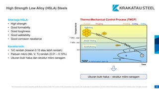 This presentation has been prepared specifically by Krakatau Steel. The content of this presentation may not be used, duplicated or transmitted in any form without the written consent from Krakatau Steel. All rights reserved. 82
High Strength Low Alloy (HSLA) Steels
Sifat baja HSLA:
• High strength
• Good formability
• Good toughness
• Good weldability
• Good corrosion resistance
Karakteristik:
• %C rendah (kisaran 0.10 atau lebih rendah)
• Paduan mikro (Nb, V, Ti) rendah (0.01 – 0.10%)
• Ukuran butir halus dan struktur mikro seragam
Thermo-Mechanical Control Process (TMCP)
Ukuran butir halus – struktur mikro seragam
 