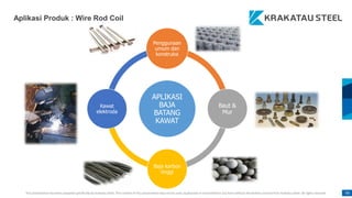 This presentation has been prepared specifically by Krakatau Steel. The content of this presentation may not be used, duplicated or transmitted in any form without the written consent from Krakatau Steel. All rights reserved. 93
93
APLIKASI
BAJA
BATANG
KAWAT
Penggunaan
umum dan
konstruksi
Baut &
Mur
Baja karbon
tinggi
Kawat
elektroda
Aplikasi Produk : Wire Rod Coil
 