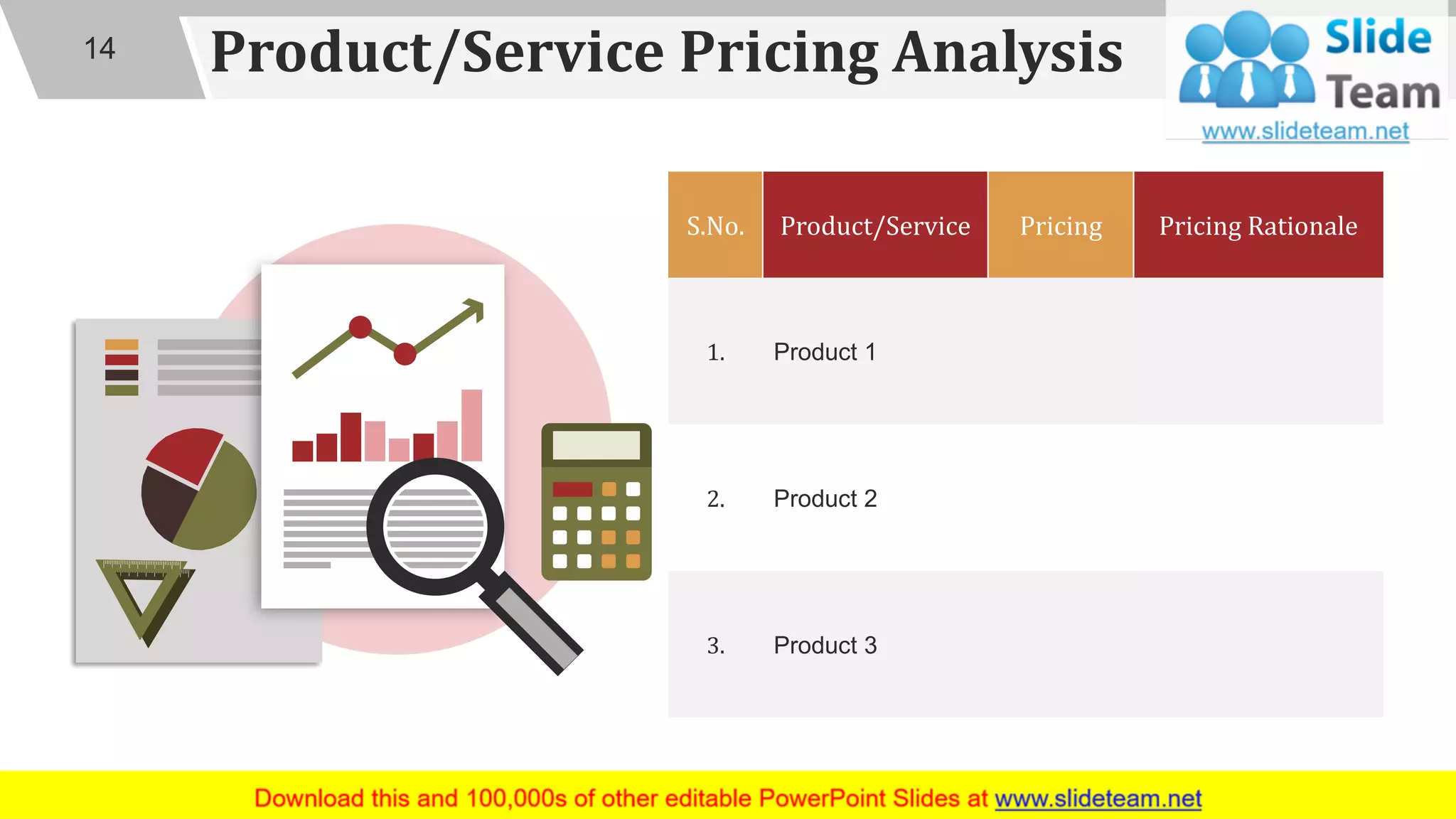 Product/Service Pricing Analysis
S.No. Product/Service Pricing Pricing Rationale
1. Product 1
2. Product 2
3. Product 3
14
 