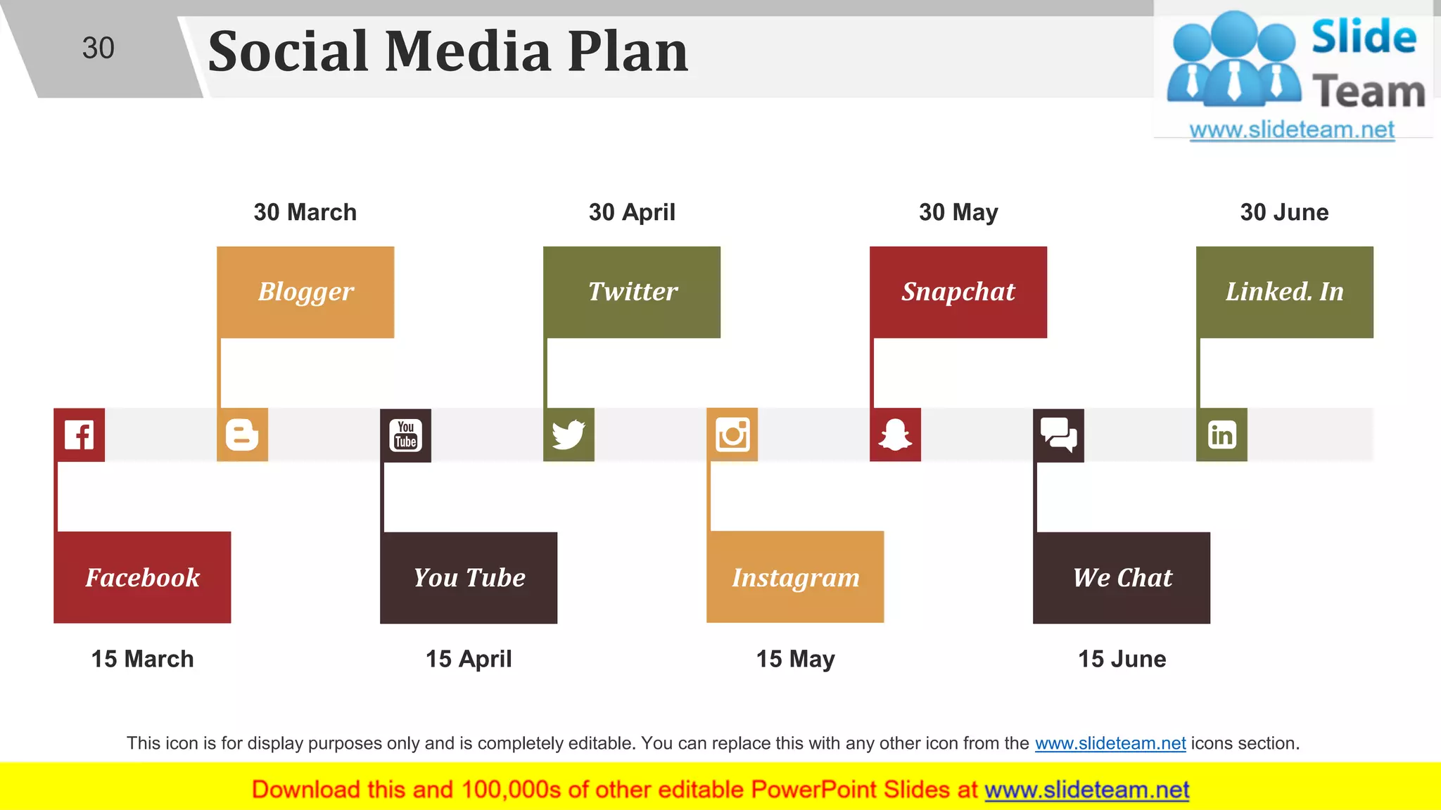Social Media Plan
Facebook
15 March
Blogger
30 March
You Tube
15 April
Twitter
30 April
Instagram
15 May
Snapchat
30 May
We Chat
15 June
Linked. In
30 June
30
This icon is for display purposes only and is completely editable. You can replace this with any other icon from the www.slideteam.net icons section.
 