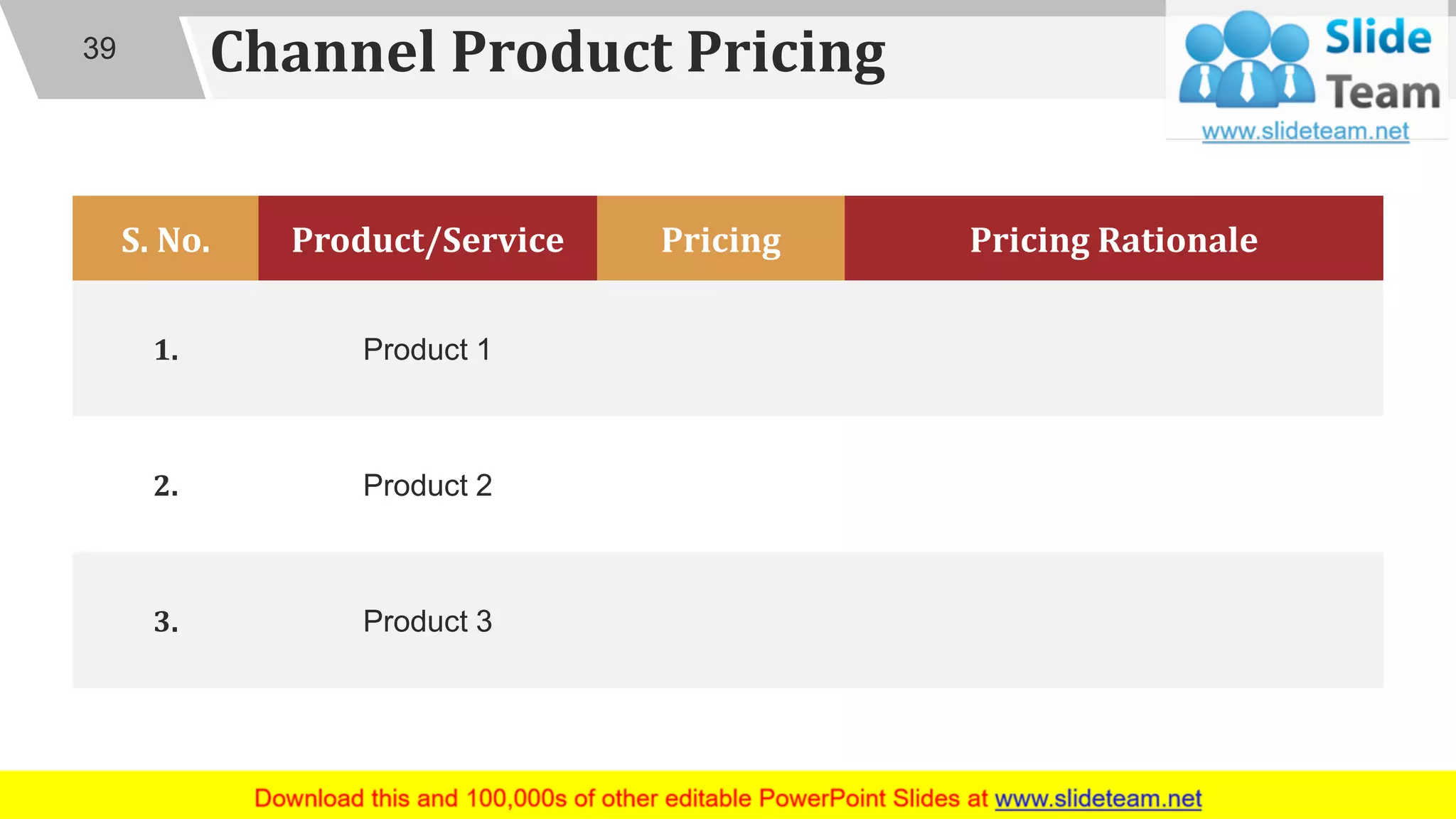Channel Product Pricing
S. No. Product/Service Pricing Pricing Rationale
1. Product 1
2. Product 2
3. Product 3
39
 