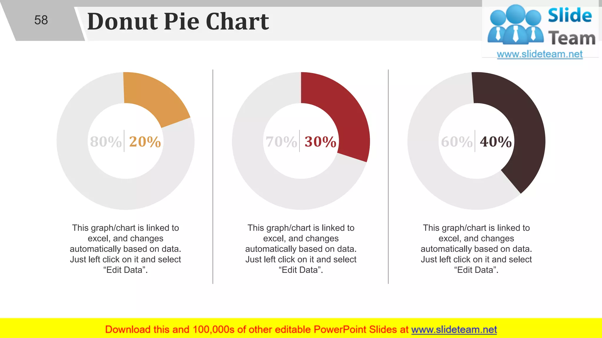 Donut Pie Chart58
This graph/chart is linked to
excel, and changes
automatically based on data.
Just left click on it and select
“Edit Data”.
80% 20%
This graph/chart is linked to
excel, and changes
automatically based on data.
Just left click on it and select
“Edit Data”.
70% 30%
This graph/chart is linked to
excel, and changes
automatically based on data.
Just left click on it and select
“Edit Data”.
60% 40%
 