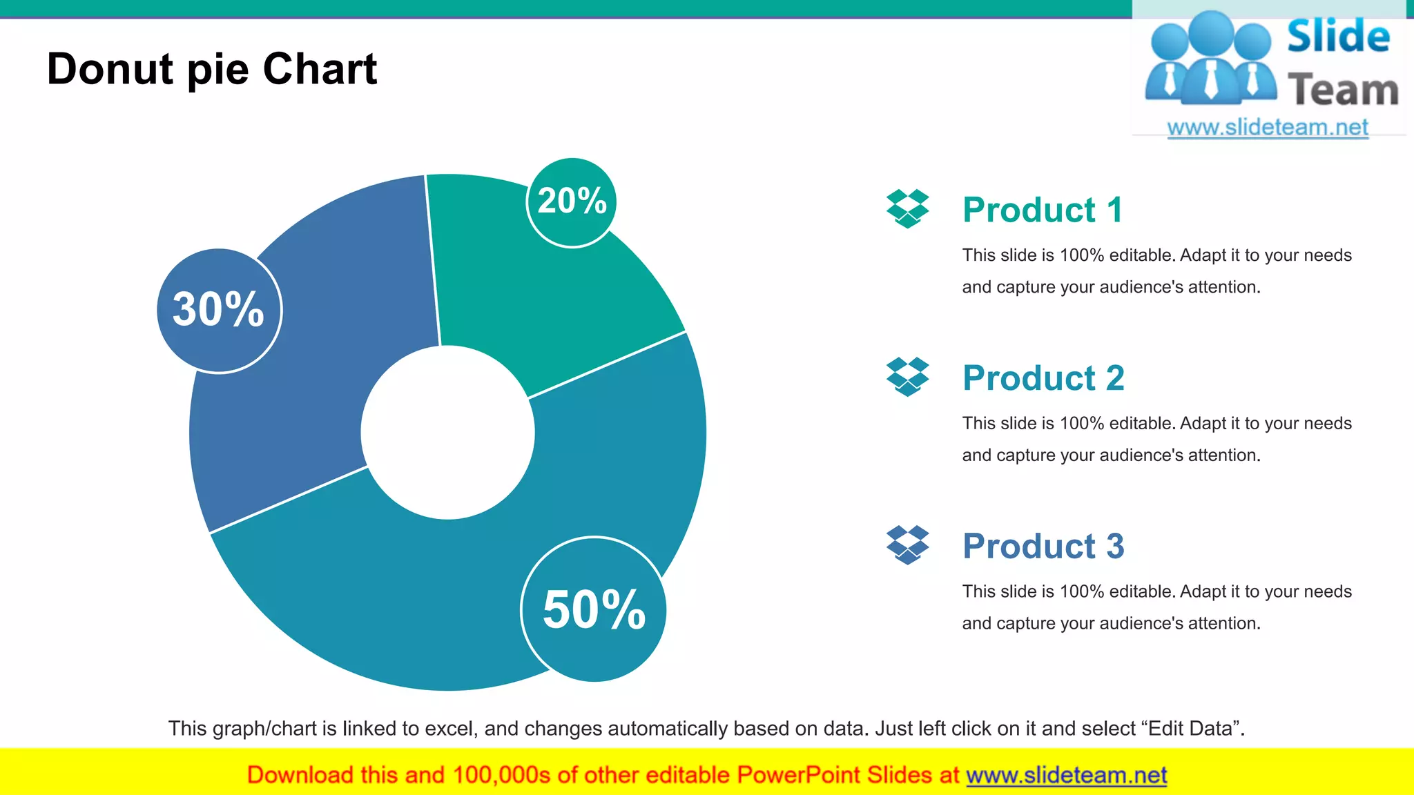 Donut pie Chart
19
This graph/chart is linked to excel, and changes automatically based on data. Just left click on it and select “Edit Data”.
50%
30%
20%
This slide is 100% editable. Adapt it to your needs
and capture your audience's attention.
Product 1
This slide is 100% editable. Adapt it to your needs
and capture your audience's attention.
Product 2
This slide is 100% editable. Adapt it to your needs
and capture your audience's attention.
Product 3
 