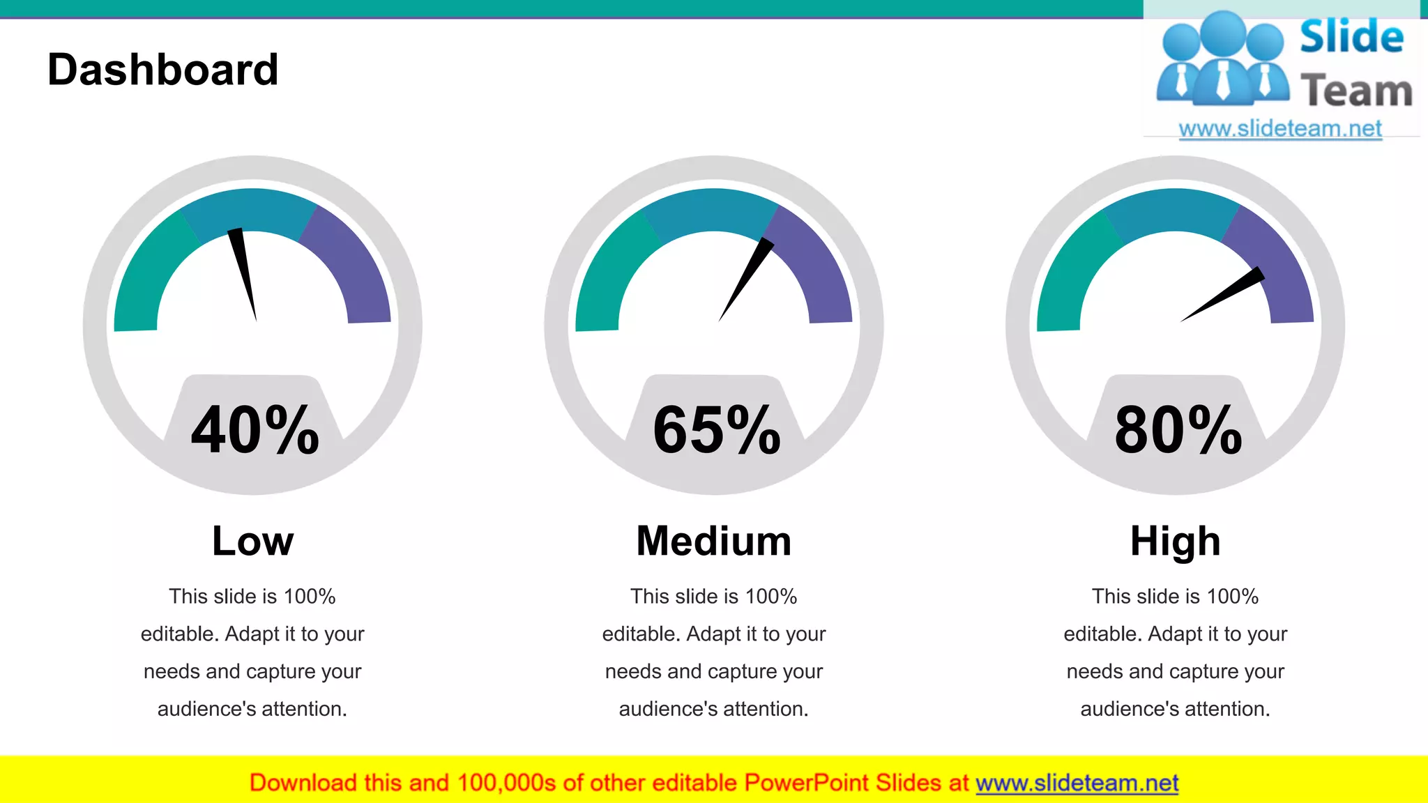 Dashboard
31
80%
High
This slide is 100%
editable. Adapt it to your
needs and capture your
audience's attention.
65%
Medium
This slide is 100%
editable. Adapt it to your
needs and capture your
audience's attention.
This slide is 100%
editable. Adapt it to your
needs and capture your
audience's attention.
40%
Low
 