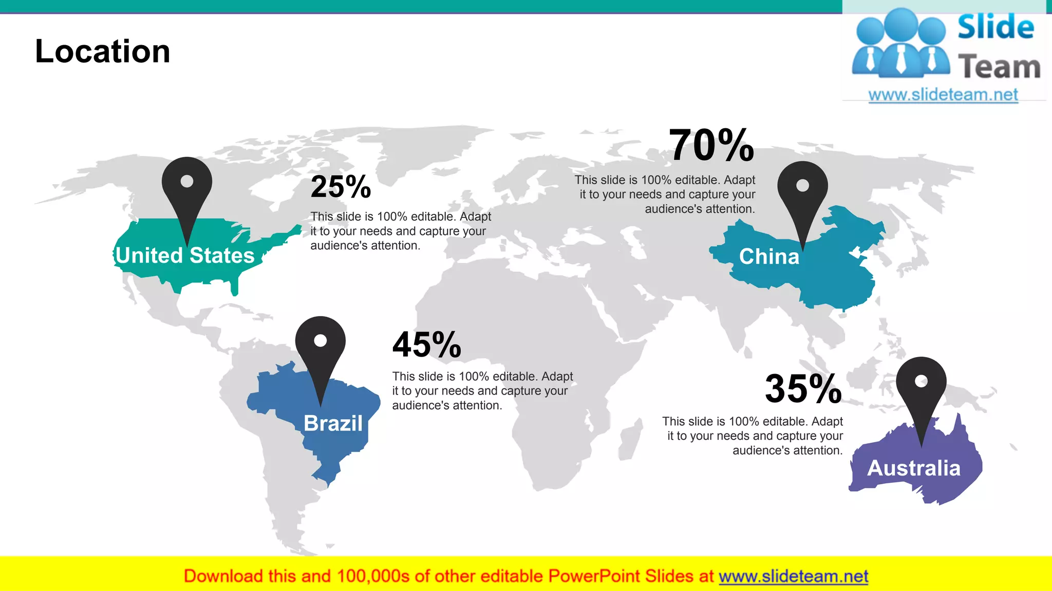 Location
32
This slide is 100% editable. Adapt
it to your needs and capture your
audience's attention.
25%
United States
This slide is 100% editable. Adapt
it to your needs and capture your
audience's attention.
45%
Brazil This slide is 100% editable. Adapt
it to your needs and capture your
audience's attention.
35%
Australia
This slide is 100% editable. Adapt
it to your needs and capture your
audience's attention.
70%
China
 