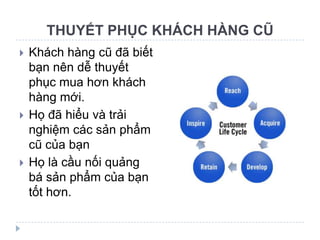 THUYẾT PHỤC KHÁCH HÀNG CŨ
   Khách hàng cũ đã biết
    bạn nên dễ thuyết
    phục mua hơn khách
    hàng mới.
   Họ đã hiểu và trải
    nghiệm các sản phẩm
    cũ của bạn
   Họ là cầu nối quảng
    bá sản phẩm của bạn
    tốt hơn.
 