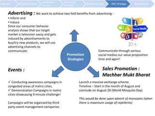 Agenda Market Analysis 
Competitor 
Analysis 
Consumer 
Behavior 
Marketing Mix IMC Strategy Road Ahead 
Advertising : We want to achieve two fold benefits from advertising : 
• Inform and 
• Induce 
Promotion 
Strategies 
Sales Promotion : 
Machhar Mukt Bharat 
Launch a massive exchange scheme. 
Timeline – Start in the month of August and 
conclude on August 20 (World Mosquito Day) 
This would be done upon advent of monsoons (when 
there is maximum usage of repellents) 
Since our consumer behavior 
analysis shows that our target 
market is television savvy and gets 
induced by advertisements to 
buy/try new products, we will use 
advertising channels to 
communicate. 
Events : 
 Conducting awareness campaigns in 
congested areas of metro cities. 
 Demonstration Campaigns in metro 
cities showcasing 9 minute challenge! 
Campaigns will be organized by third 
party event management companies. 
Communicate through various 
social medias our value proposition 
time and again! 
 