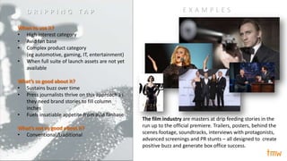 When to use it?
• High interest category
• Avid fan base
• Complex product category
(eg automotive, gaming, IT, entertainment)
• When full suite of launch assets are not yet
available
What’s so good about it?
• Sustains buzz over time
• Press journalists thrive on this approach as
they need brand stories to fill column
inches
• Fuels insatiable appetite from avid fanbase
What’s not so good about it?
• Conventional/traditional
The film industry are masters at drip feeding stories in the
run up to the official premiere. Trailers, posters, behind the
scenes footage, soundtracks, interviews with protagonists,
advanced screenings and PR stunts – all designed to create
positive buzz and generate box office success.
E X A M P L E SD R I P P I N G T A P
 