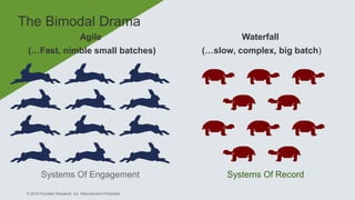 © 2019 Forrester Research, Inc. Reproduction Prohibited
Agile
(…Fast, nimble small batches)
The Bimodal Drama
Waterfall
(…slow, complex, big batch)
Systems Of Engagement Systems Of Record
 