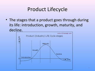 Product Lifecycle
• The stages that a product goes through during
  its life: introduction, growth, maturity, and
  decline.




                                              3
 