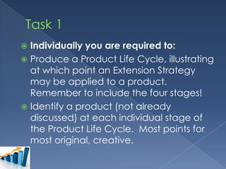 Individually you are required to:
 Produce a Product Life Cycle, illustrating
at which point an Extension Strategy
may be applied to a product.
Remember to include the four stages!
 Identify a product (not already
discussed) at each individual stage of
the Product Life Cycle. Most points for
most original, creative.


 